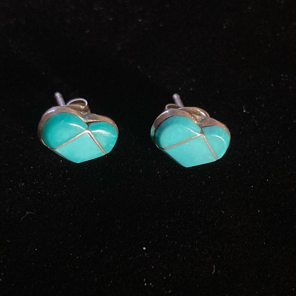 Vintage Zuni turquoise inlay sterling heart earrings